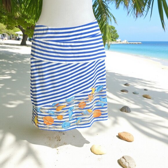 J. McLaughlin Tiered CATALINA Cloth Seashell  Blue Stripe  Size Medium - Picture 1 of 7